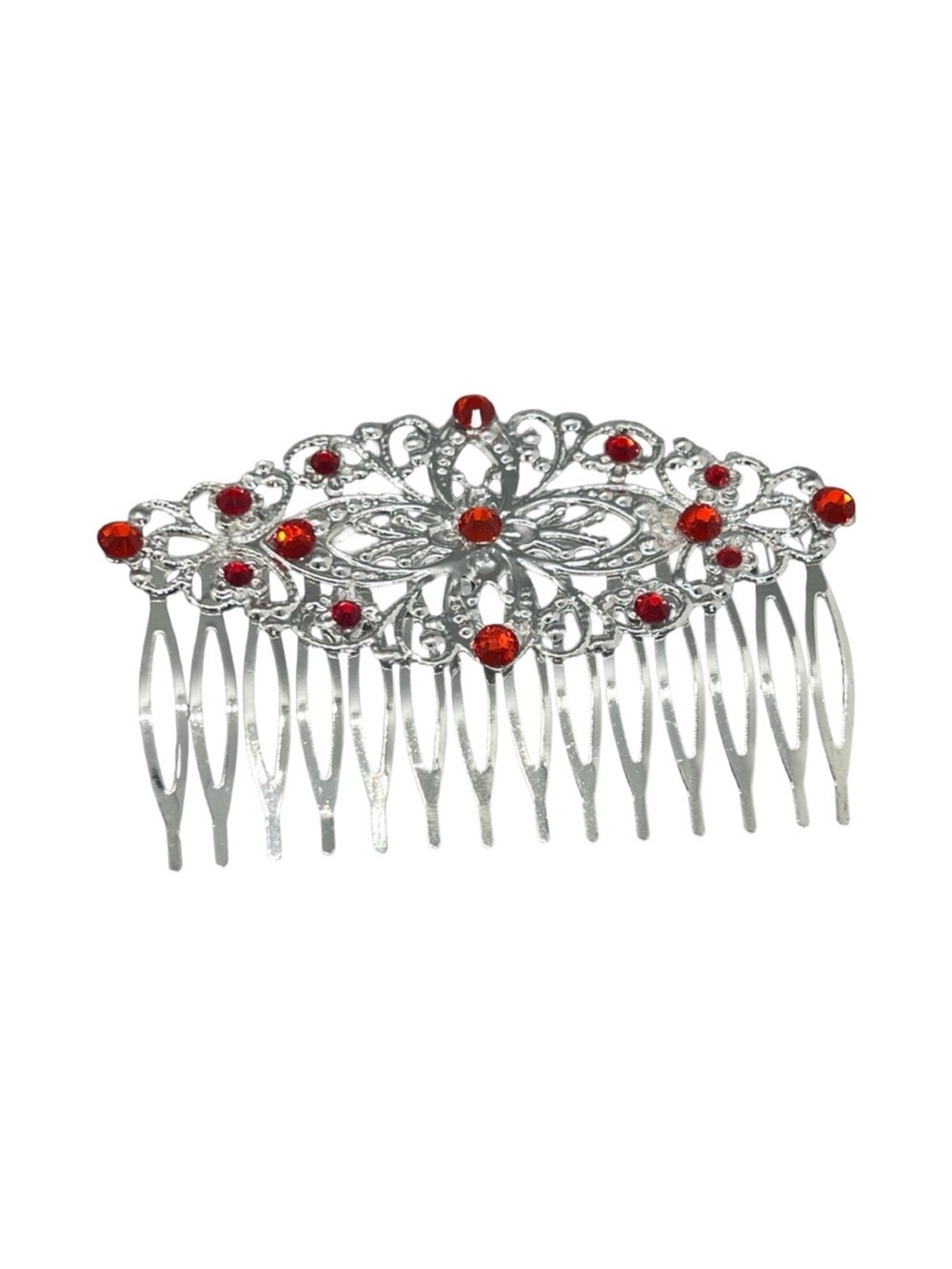 Silver Hair Comb Red Rhinestones -Elegant Hair Accessory 3,0”FINAL PRICE DROP